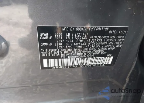 2021 Subaru Ascent Touring z USA, uszkodzony, nr VIN 4S4WMARD0M3426698